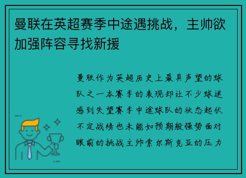 曼联在英超赛季中途遇挑战，主帅欲加强阵容寻找新援